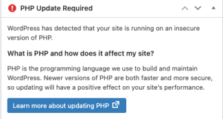 Image that shows up a WordPress message, complaining about the seccurity risks of not updating to PHP 7.4.