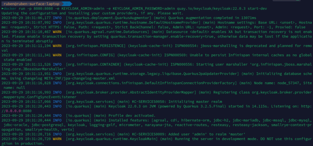 Keycloak Docker container initialization logs screenshot.