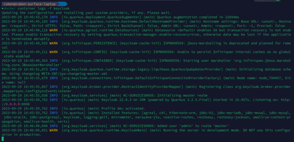 Keycloak Docker container initialization fetched logs screenshot.