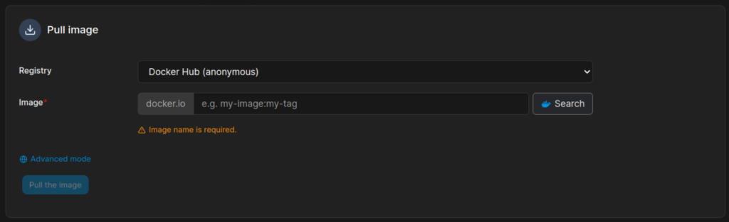 Portainer GUI image pulling form section screenshot.