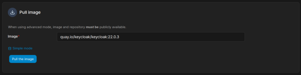 Portainer GUI image pulling form section in advanced mode screenshot.