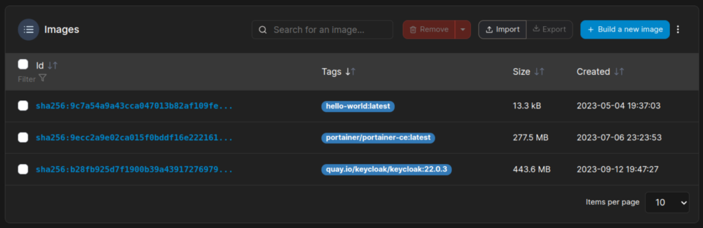 Portainer GUI image section list screenshot.