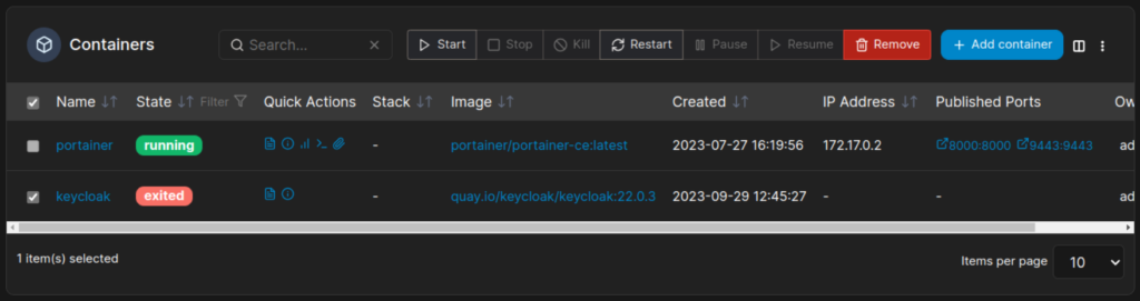 Portainer GUI Containers section deleting a selected container.