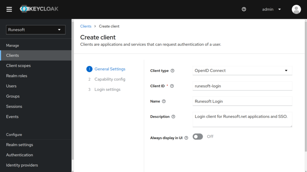 Screenshot of Keycloak's Client creation general settings page.