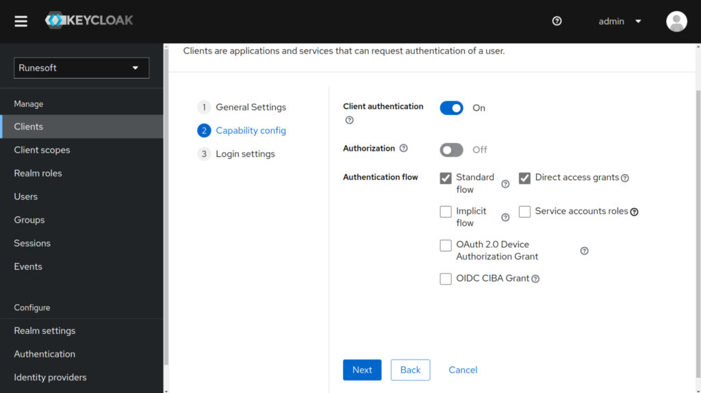 Screenshot of Keycloak's Client creation cappability config page.