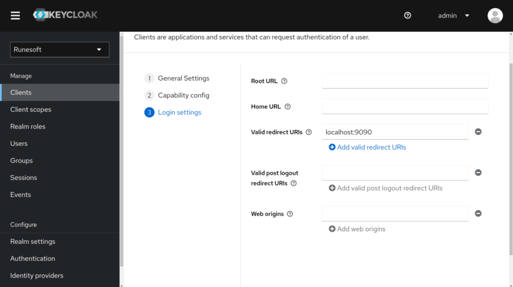 Screenshot of Keycloak's Client creation login settings page.