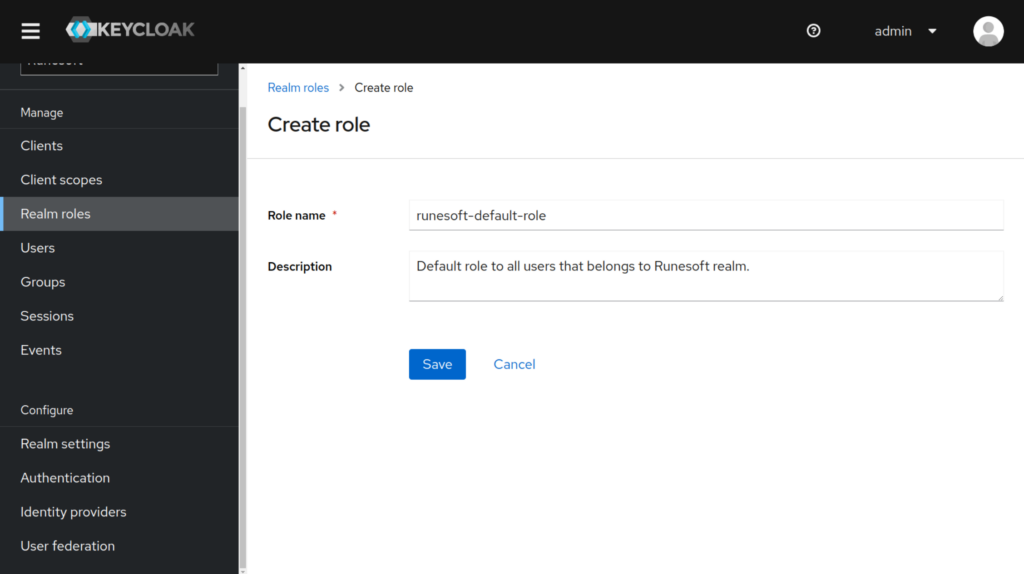 Screenshot of Keycloak's Roles creation form page.