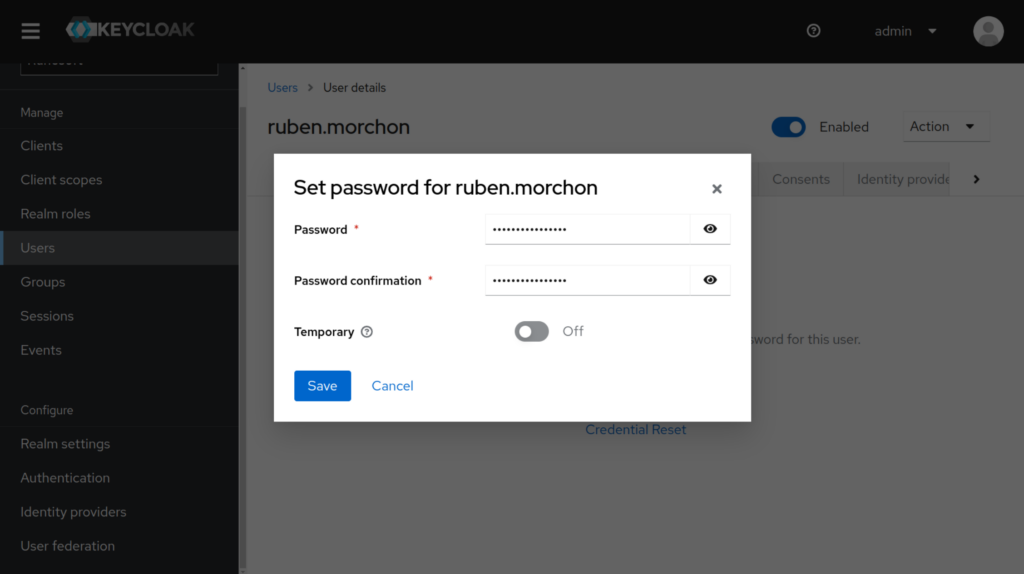 Screenshot of Keycloak's User details on credentials configuration page.