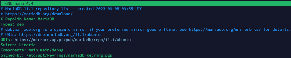 Screenshot of the content of the file /etc/apt/sources.list.d/mariadb.sources.