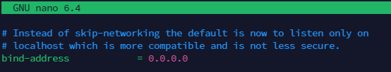 Screenshot of the lines mentioned from the file /etc/mysql/mariadb.conf.d/50-server.cnf containing the bind-address property.