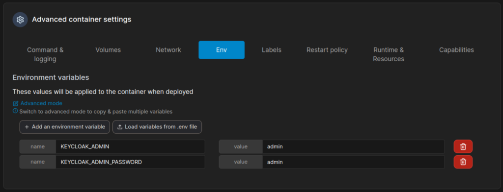 Portainer GUI Containers section creating a new container and selecting the enviroment variables screenshot