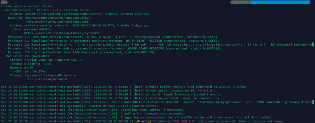 Screenshot of the output from the command "sudo service mariadb status".