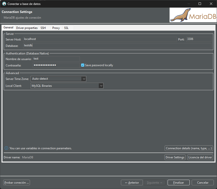 Screenshot of DBeaver software asking for MariaDB connection data.