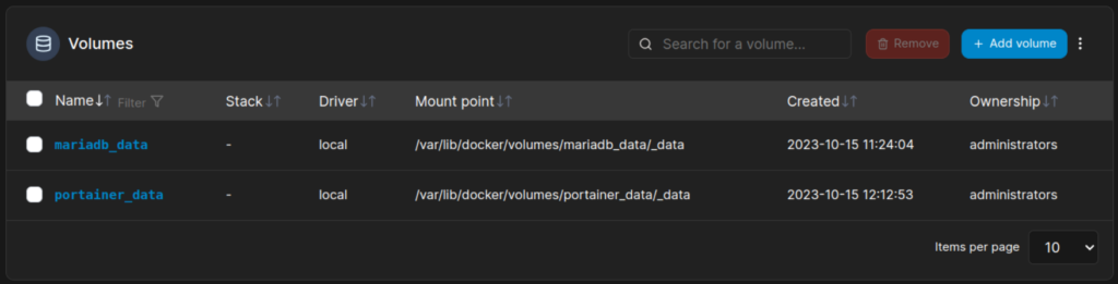 Screenshot from Portainer's web interface, where the volume list is visible.