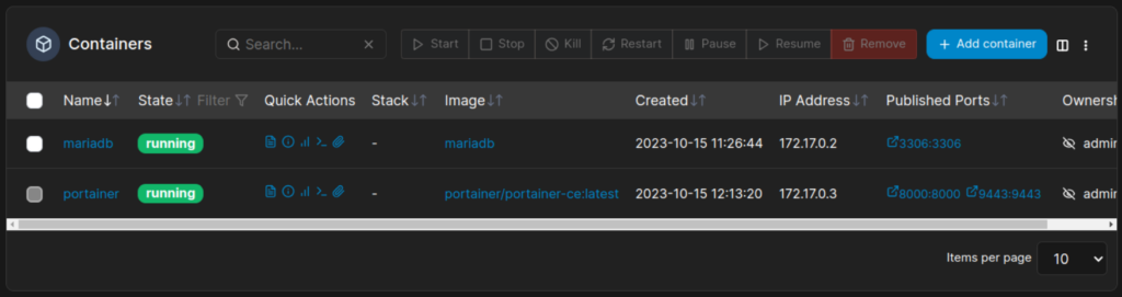 Screenshot from Portainer's web interface, where the container list is visible.