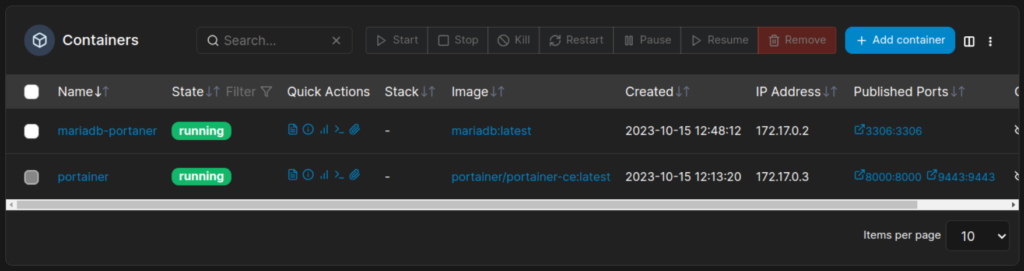 Screenshot from Portainer's web interface, where the container list is visible with the new container created.