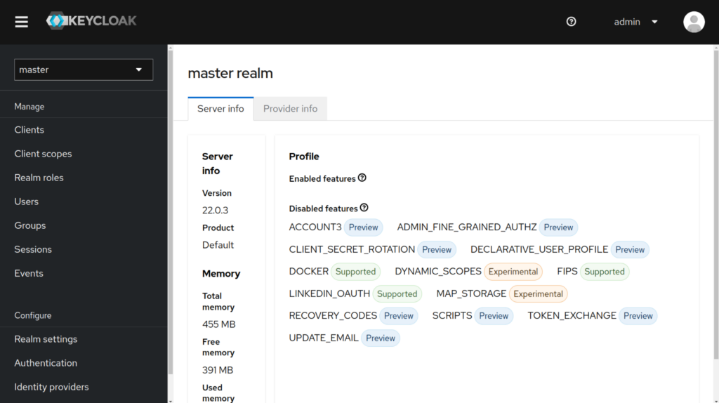 Screenshot of Keycloak's Master Realm page.